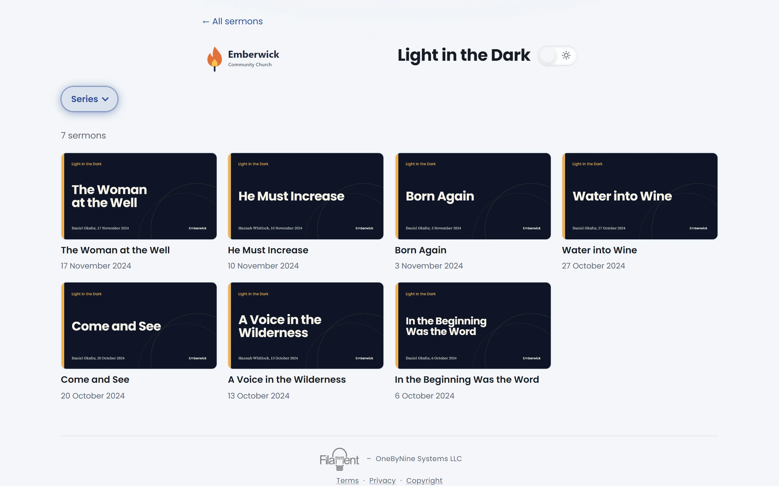 The series page for Light in the Dark, showing seven sermons as thumbnails.