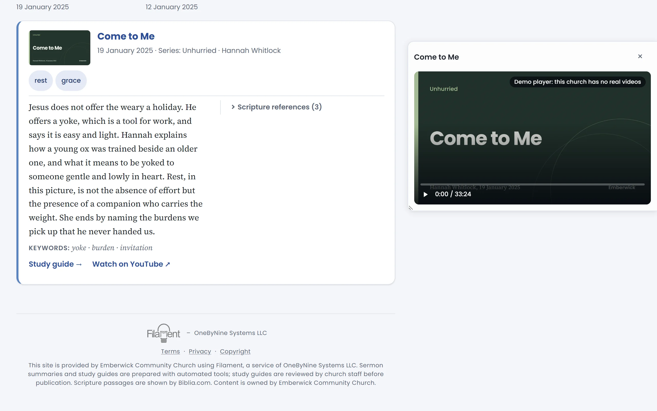 The sermon Come to Me, opened, with a Study guide link beneath its summary.
