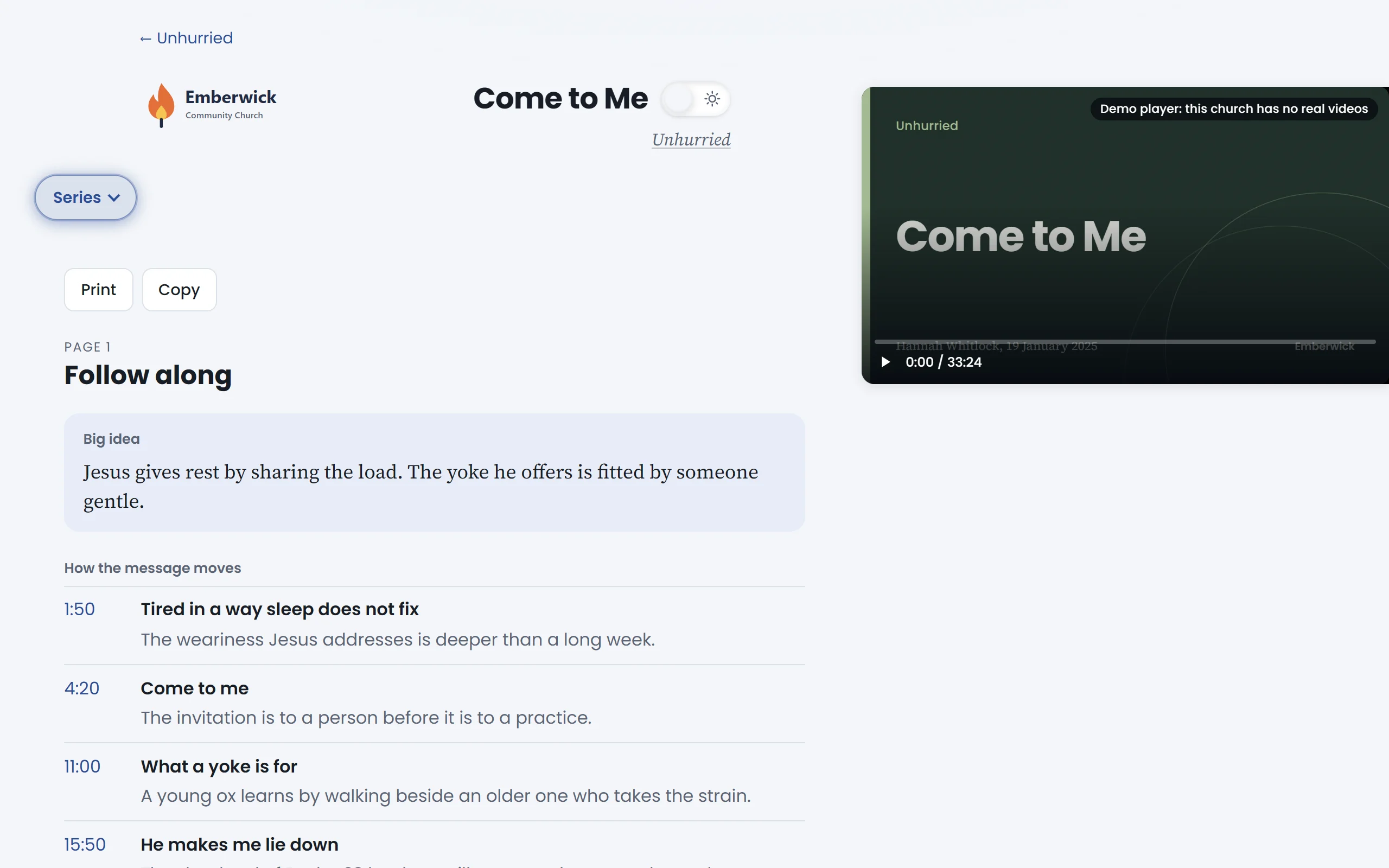 The study guide for Come to Me. Page 1, Follow along, begins with the big idea in a tinted box.