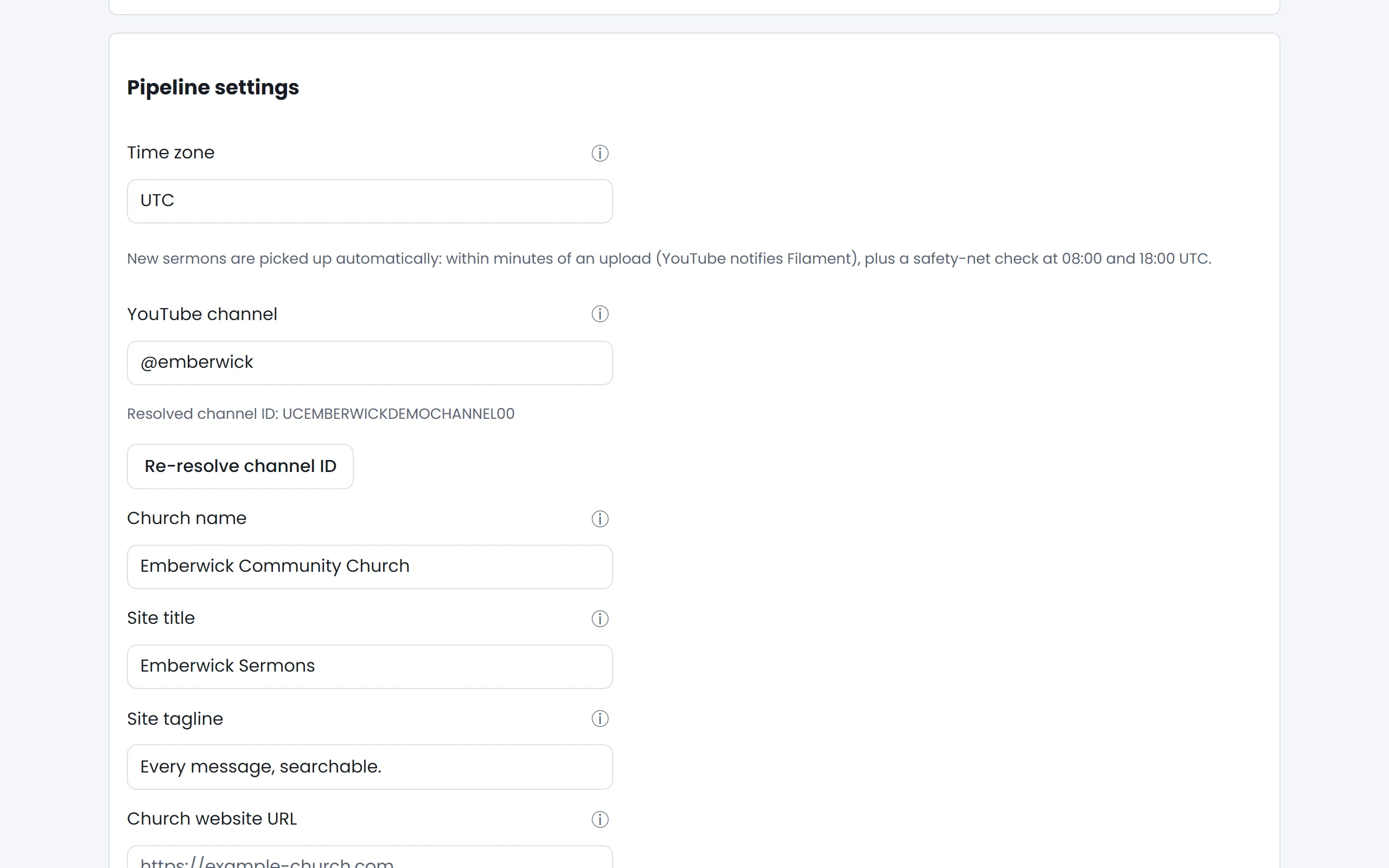 The settings form, with fields for time zone, channel, church name, site title and tagline.