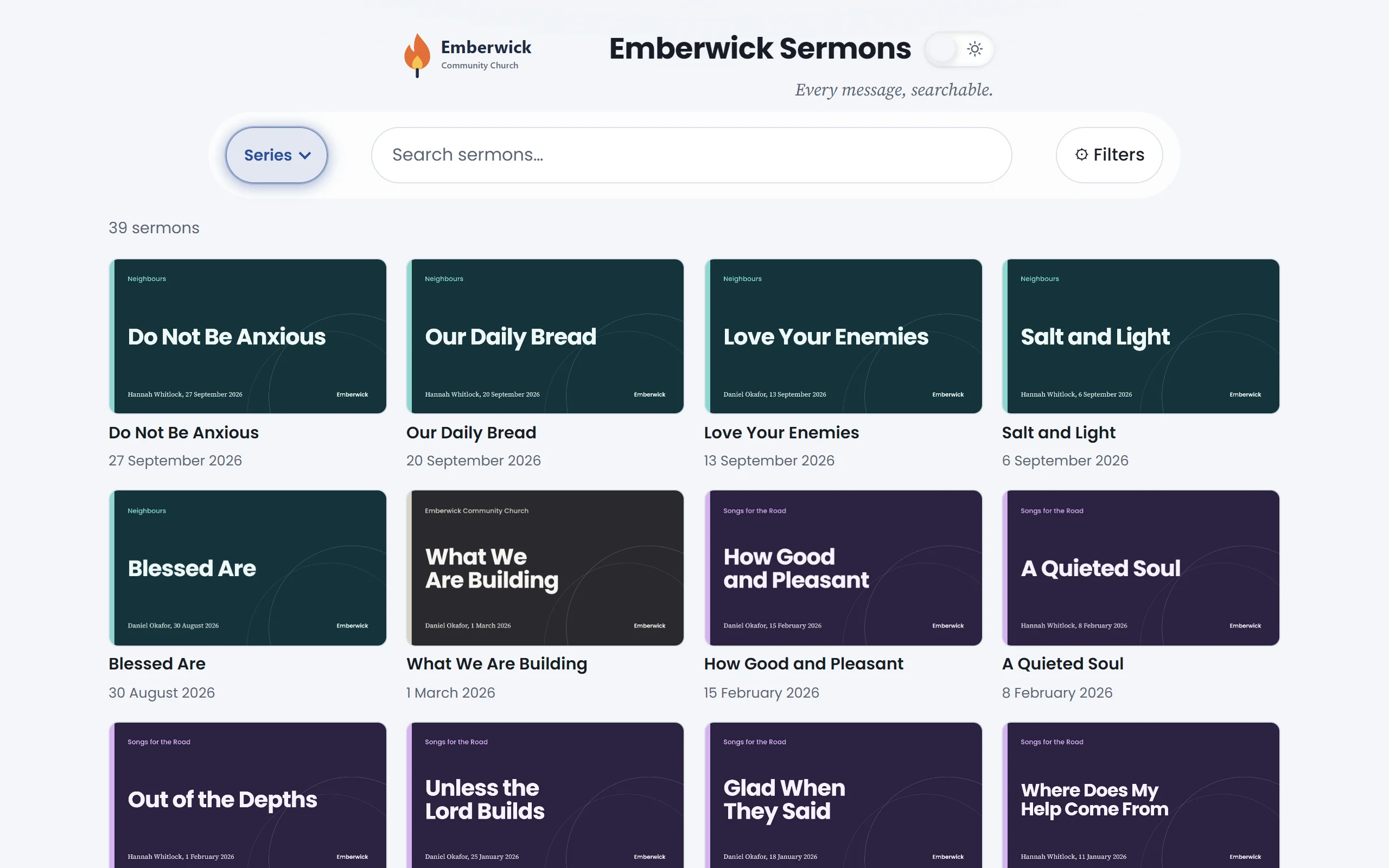 The Emberwick sermon library: a search box above a grid of sermon thumbnails, newest first.