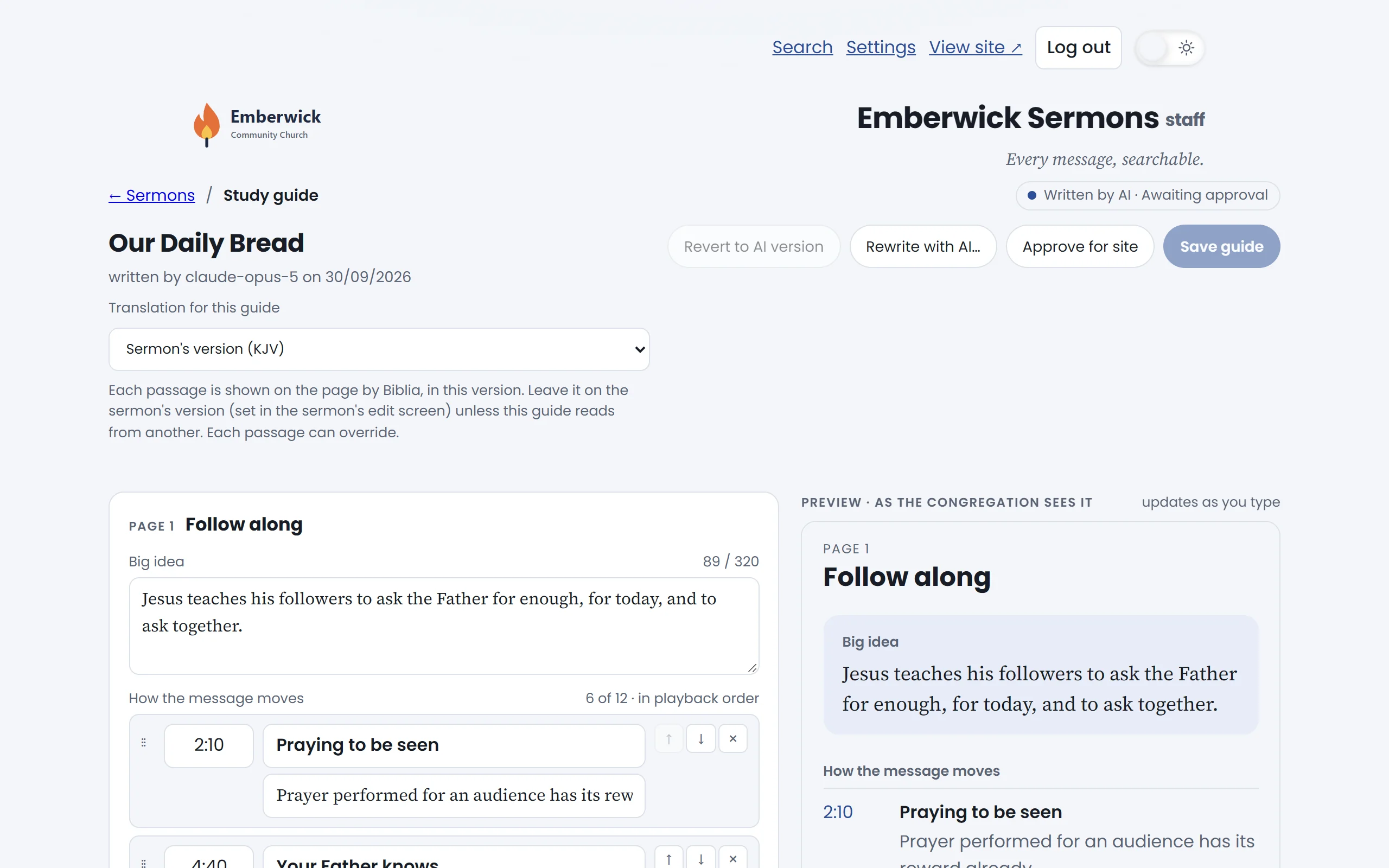 The study guide editor: Page 1, Follow along, on the left, and a live preview on the right.