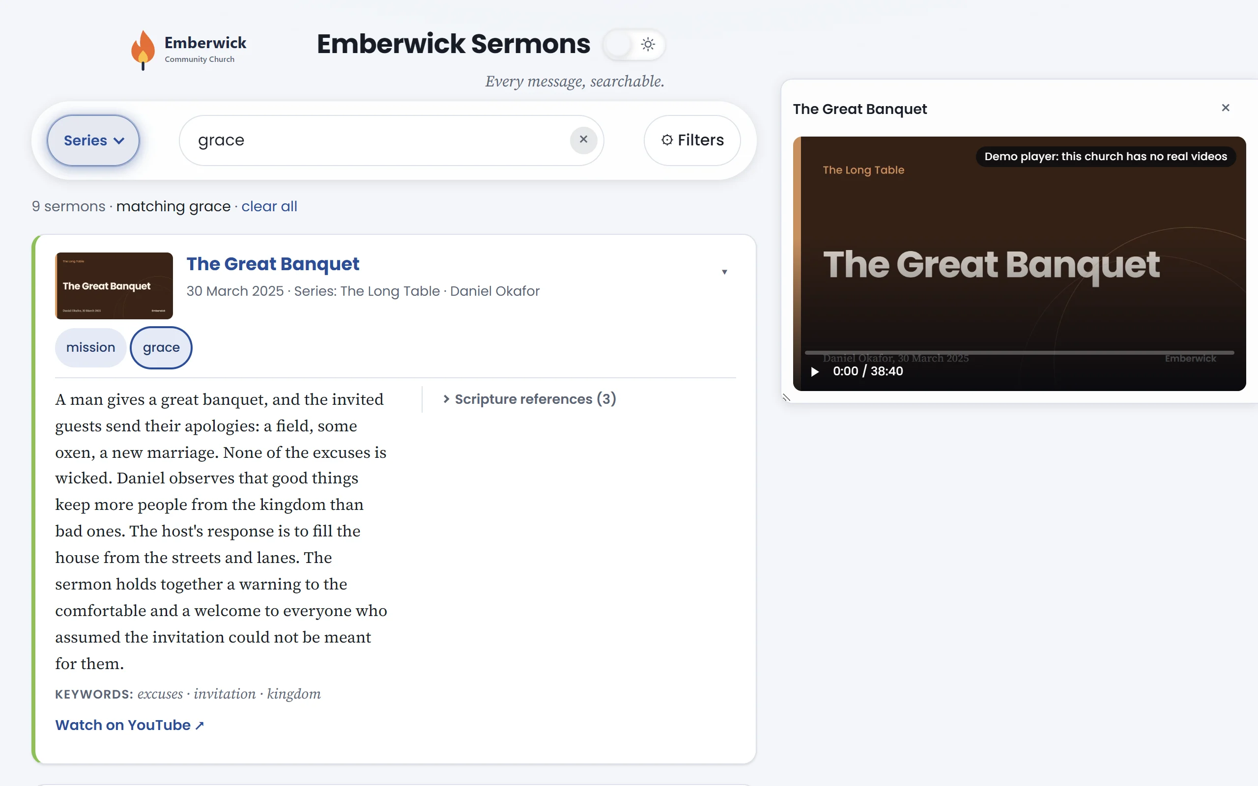 The sermon opened to show its summary, keywords and scripture references, with the video docked beside it.
