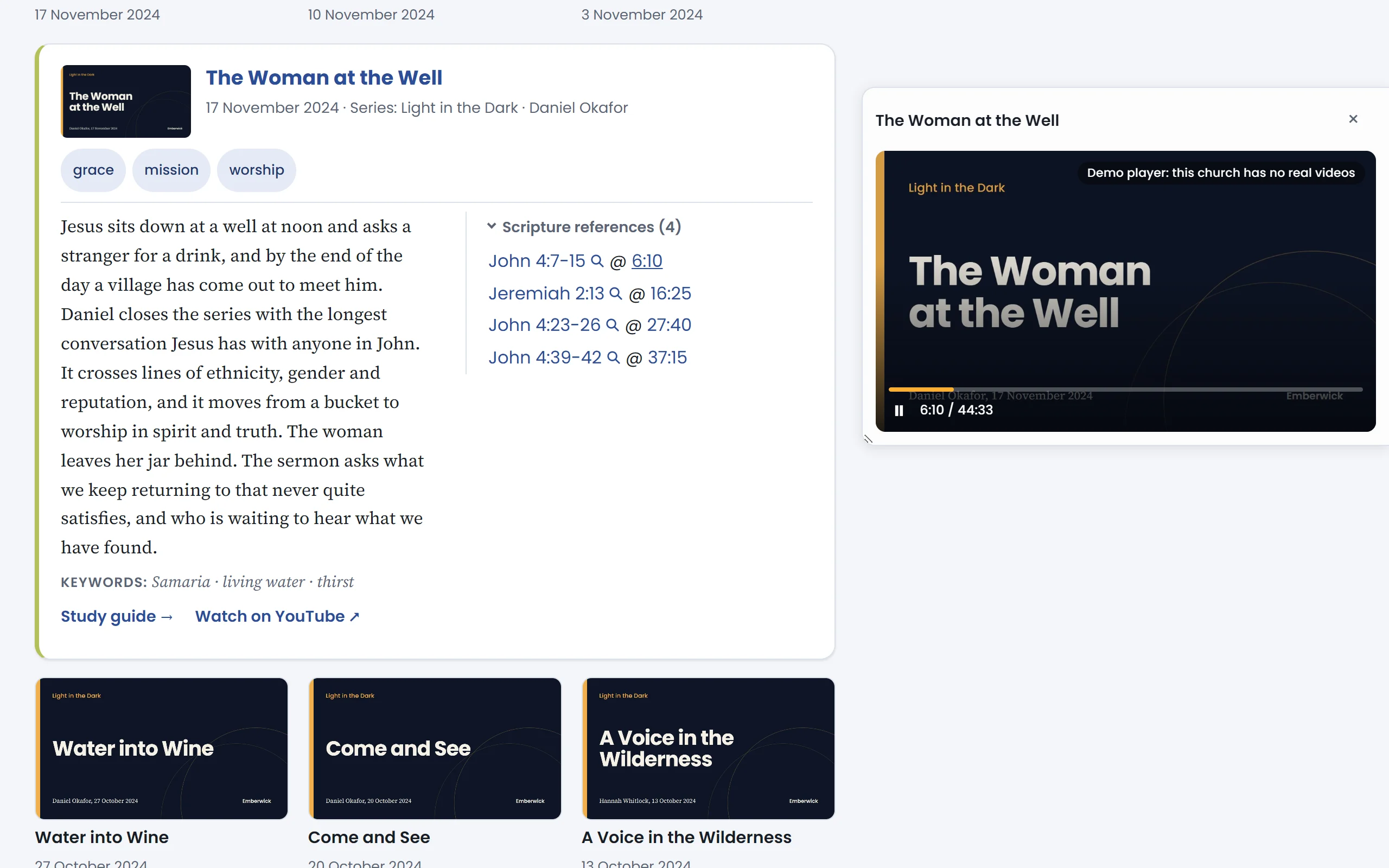 The video player, docked beside the sermon, playing from 6:10 of 44:33.