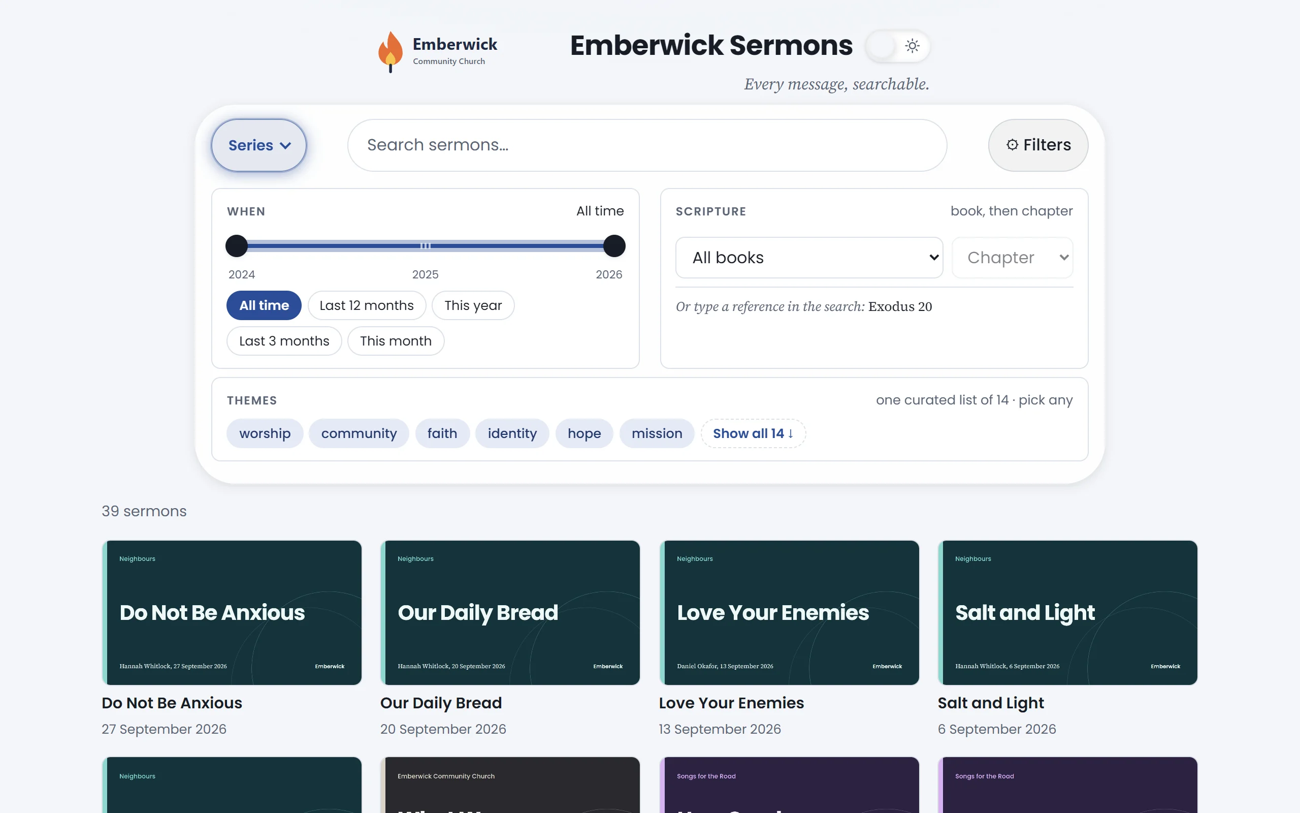 The filter panel: a date range, a scripture picker and a row of themes.