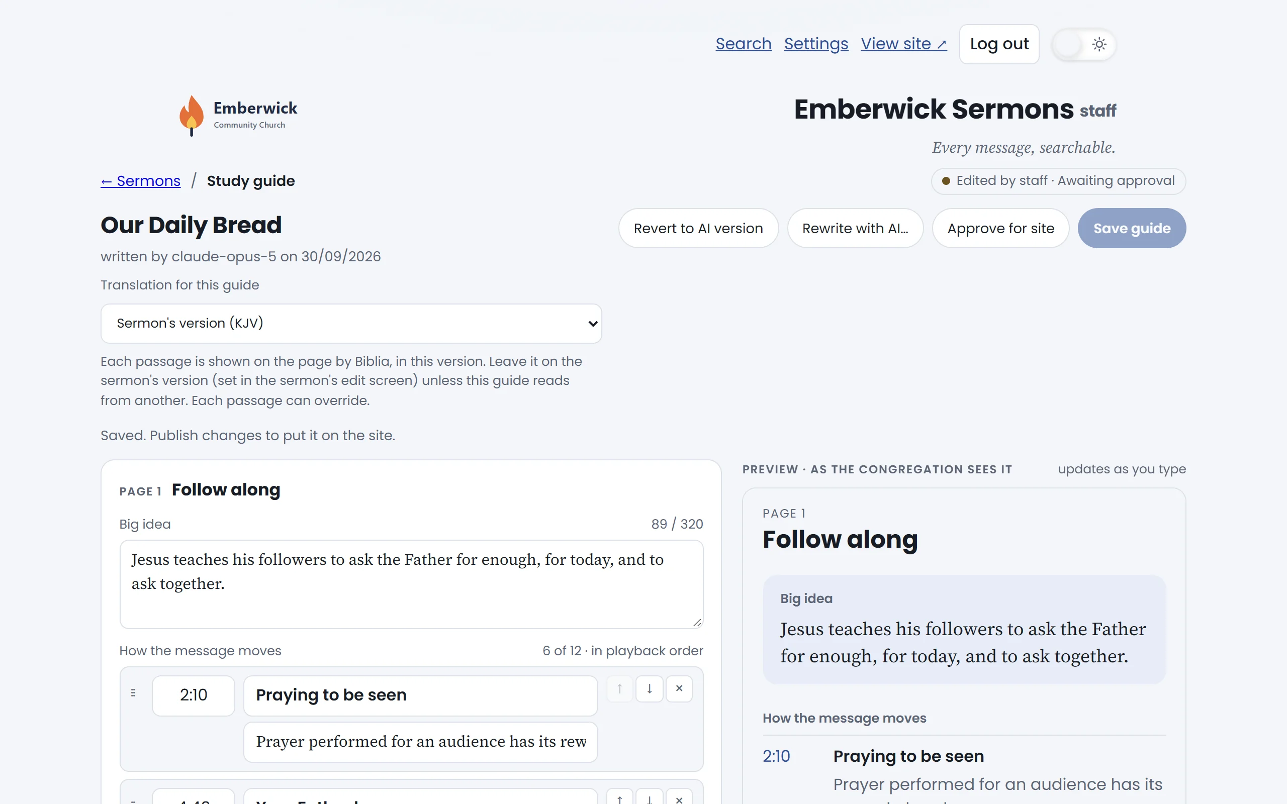 The editor after saving, with the Approve for site button beside Save guide.