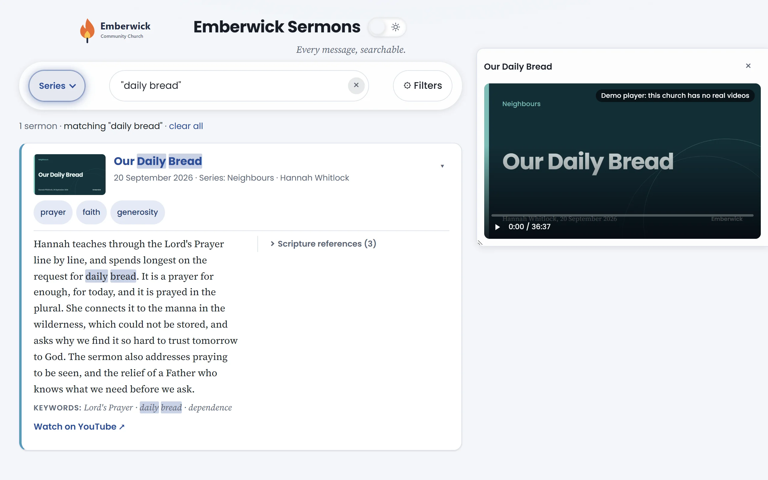 A single result, Our Daily Bread, with the phrase highlighted in its summary.
